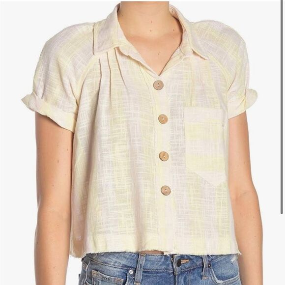 Free People We the Free Away at Sea Striped Frayed Hem Linen Blend Shirt Size L - Picture 2 of 7